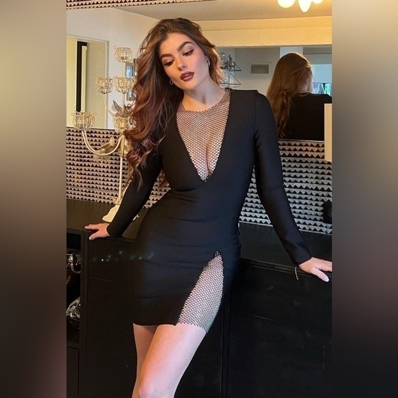 NWT Bella Barnett Black Plunge Mesh Rhinestone Mini Cocktail Dress XS OO21 - Picture 1 of 16